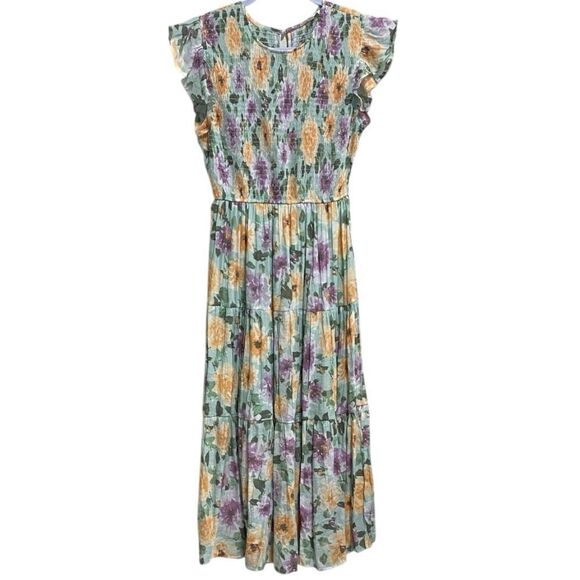 Anthropologie By the River Green Floral Smocked Flutter Sleeve Maxi Dress Size M - Picture 1 of 12
